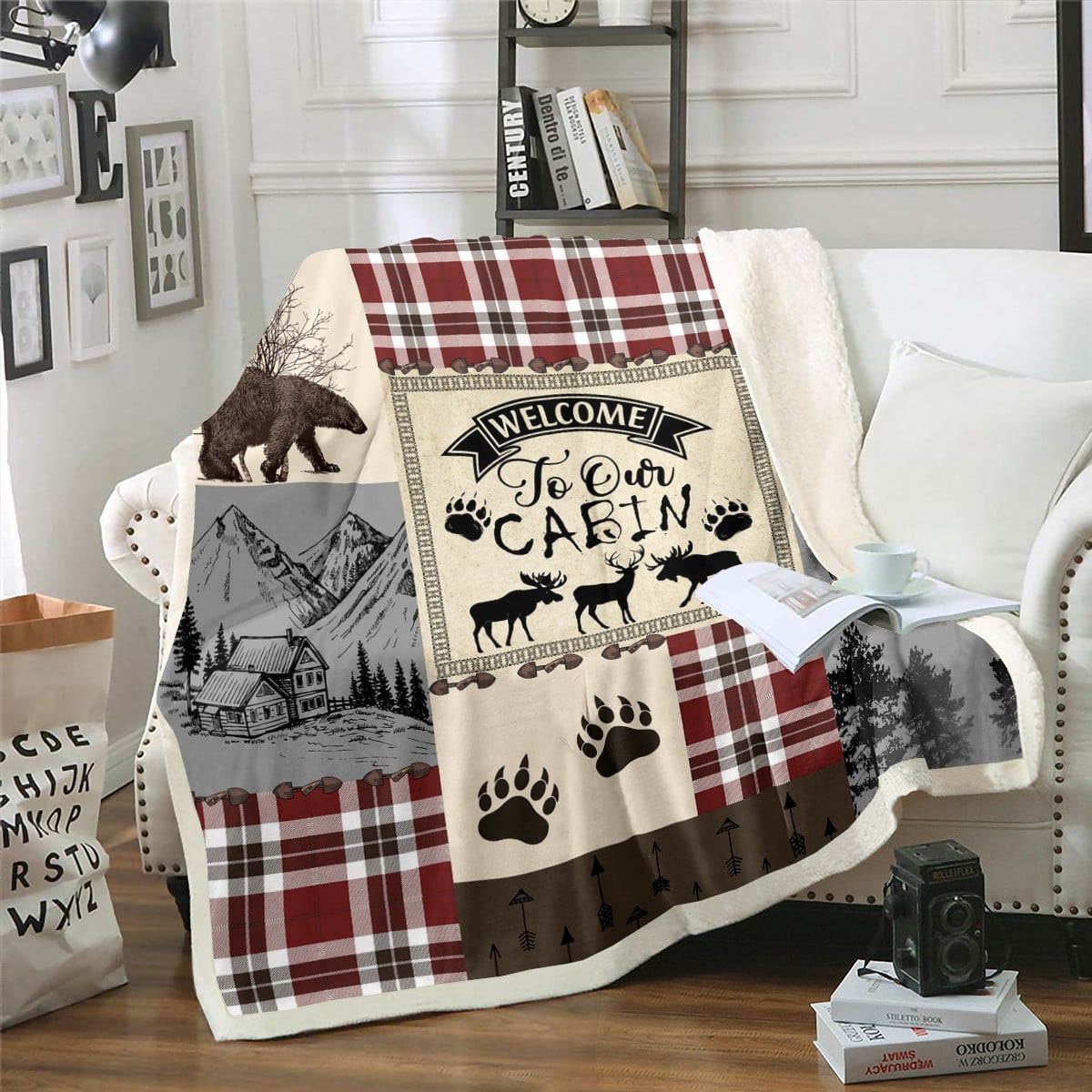YST Farmhouse Cabin Throw Blanket, Rustic Bear Deer Sherpa Blanket