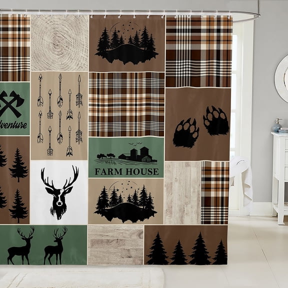 Farmhouse Deer Bathtub Shower Curtain, Retro Country Animal Bath Curtain Rustic Cabin Lodge Shower Curtain Plaid Arrows Adventure Patchwork Shower Stall Curtain 72" W X 78" L, Brown Green