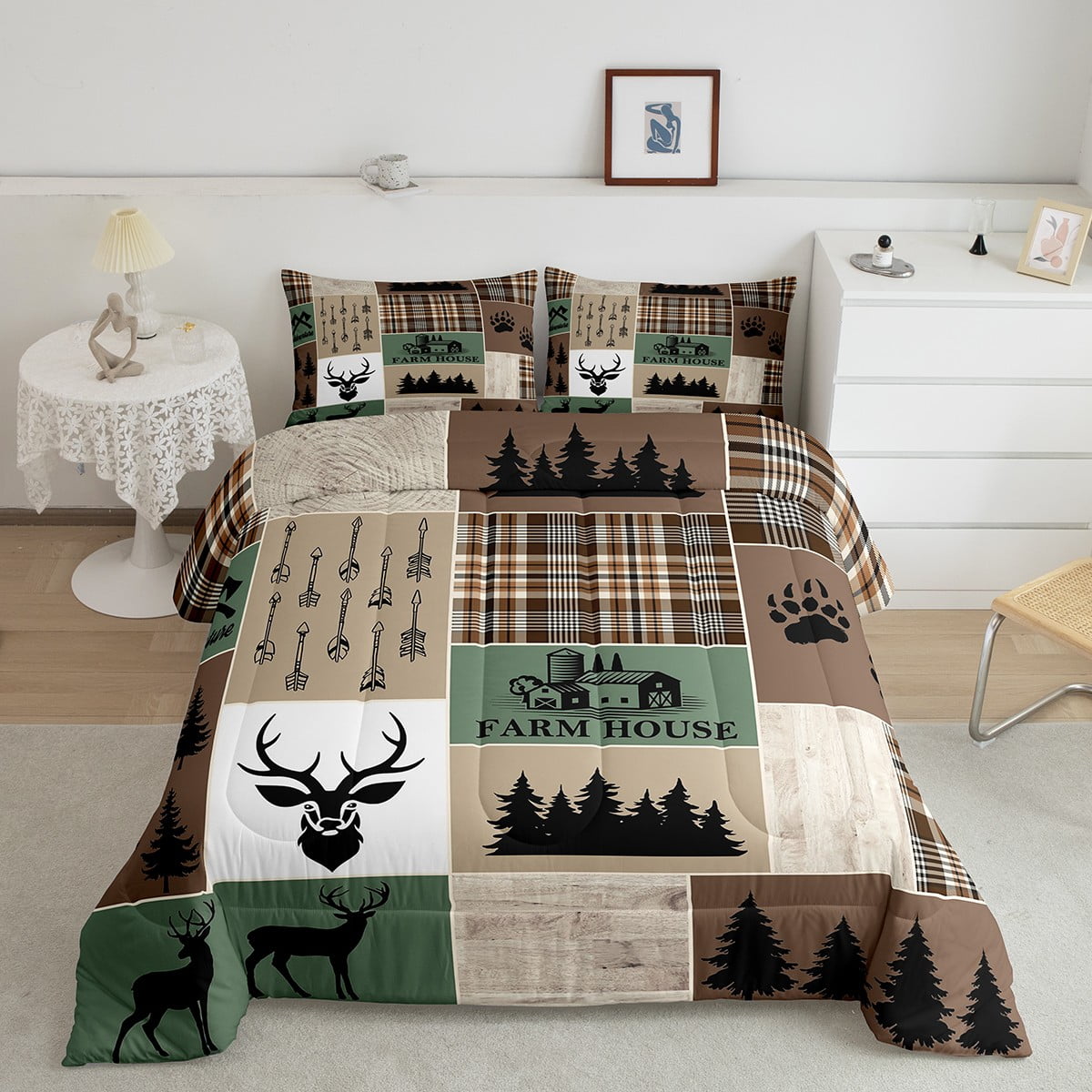 Erosebridal Lodge Bedding Set Queen 7-Piece – Bear & Deer Cabin Print Comforter, Sheets & Pillowcases (Woodland Theme)