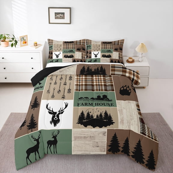 Erosebridal Farmhouse Deer Bedding Set Twin Size, Retro Country Animal Comforter Set Rustic Cabin Lodge Duvet Insert Plaid Arrows Adventure Patchwork Quilt With 1 Pillow Case, Brown Green