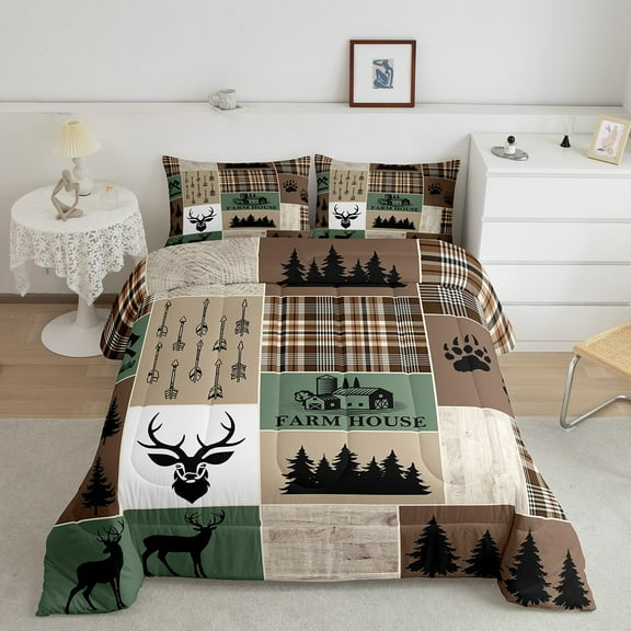 Erosebridal Farmhouse Deer Bedding Set Twin Size, Retro Country Animal Comforter Set Rustic Cabin Lodge Duvet Insert Plaid Arrows Adventure Patchwork Quilt With 1 Pillow Case, Brown Green
