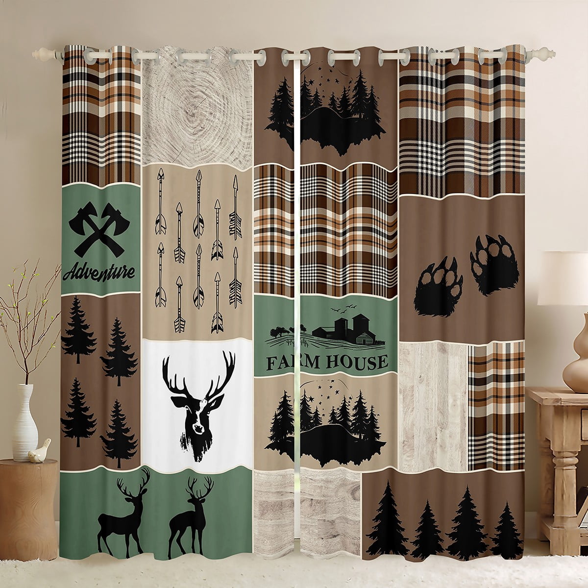 YST Farmhouse Deer Curtains & Drapes, Retro Country Animal Blackout Curtains 52"Wx63"L 2 Panels,Rustic Cabin Lodge Curtains Plaid Arrows Adventure Patchwork Window Curtains, Brown Green