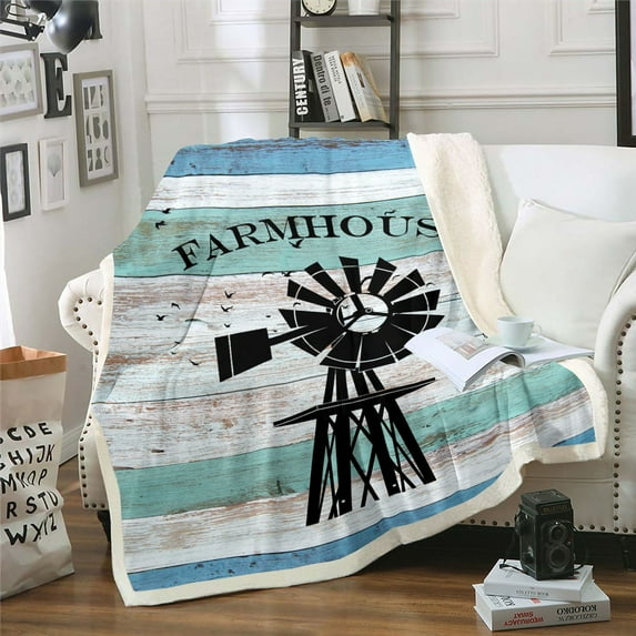 Farmhouse Fleece Blanket Rustic Wooden Fuzzy Blanket Windmill Birds Print Throw Blanket for Teenagers Youth, Teal Blue Log Retro Vintage Decor Sherpa Blanket - 40"X50"