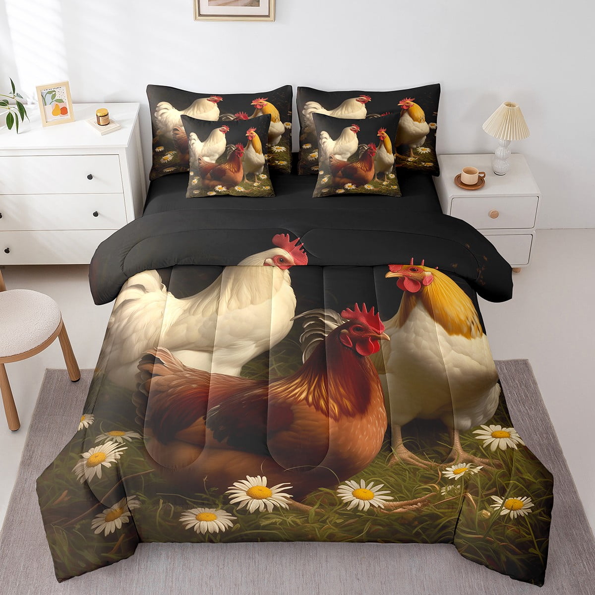 Cute Chicken Comforter Set Full Size – Farmhouse Hen Rooster Theme Kids Bedding, Breathable Microfiber