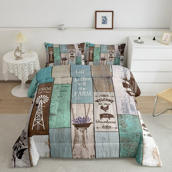 Farmhouse Rustic Comforter Set Cabin Room Decor, Teens Vintage Country Wooden Bedding Set Queen Size Farm Animal Barn Door Windmill Comforter Retro Lodge Decor Duvet Sets, Teal Brown