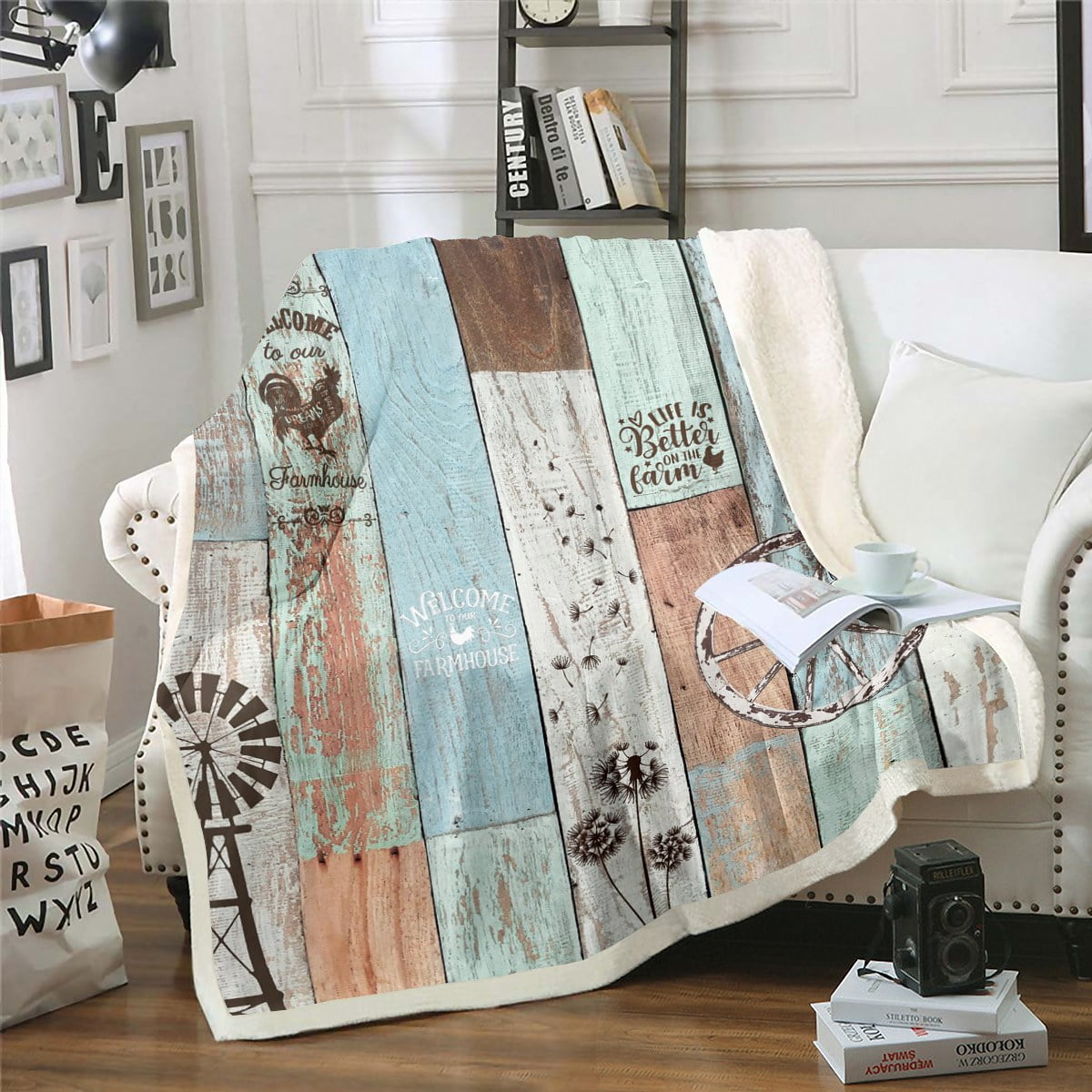 YST Farmhouse Sherpa Blanket Queen Size, Rustic Windmill Fleece Blanket