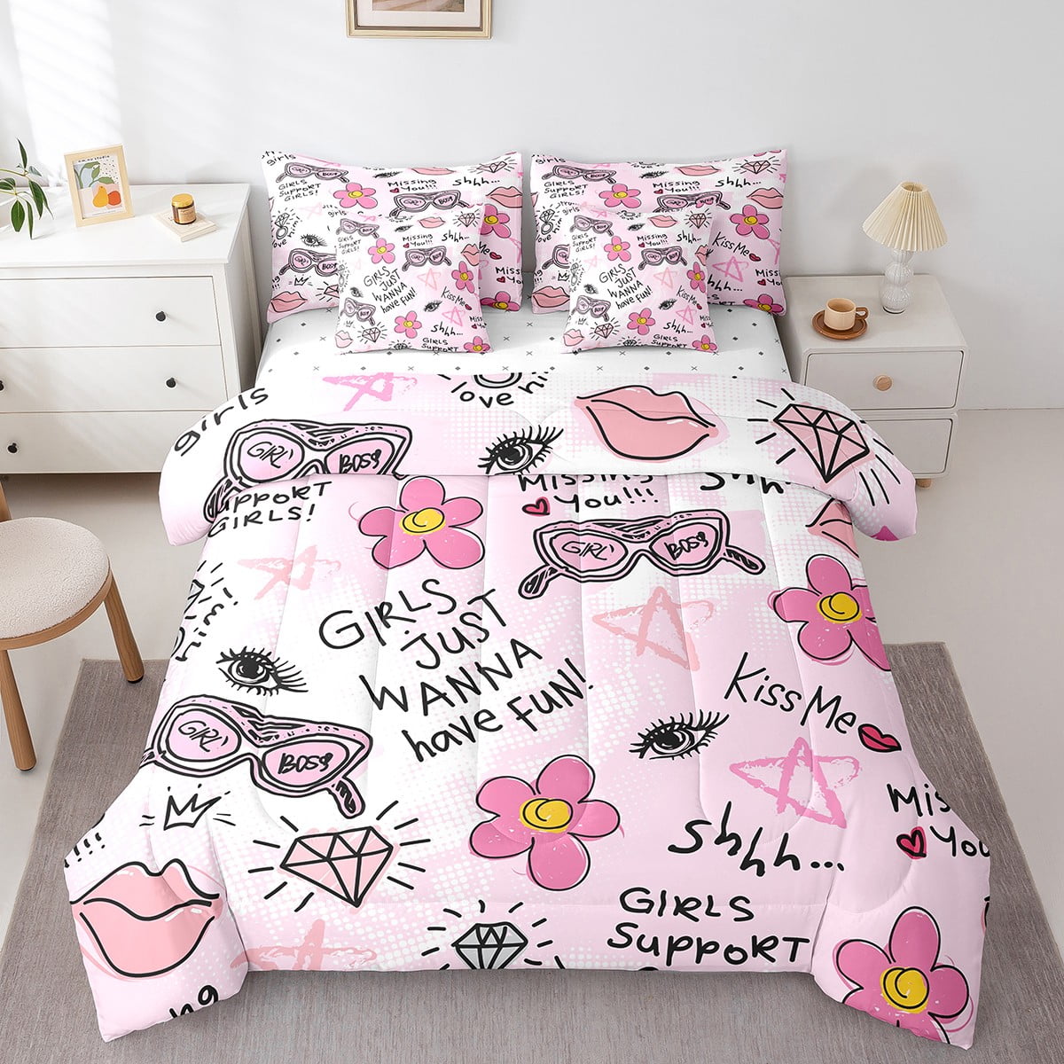YST Fashion Girl 7Pcs Comforter Sets Bed in a Bag Cosmetic Perfume Bag