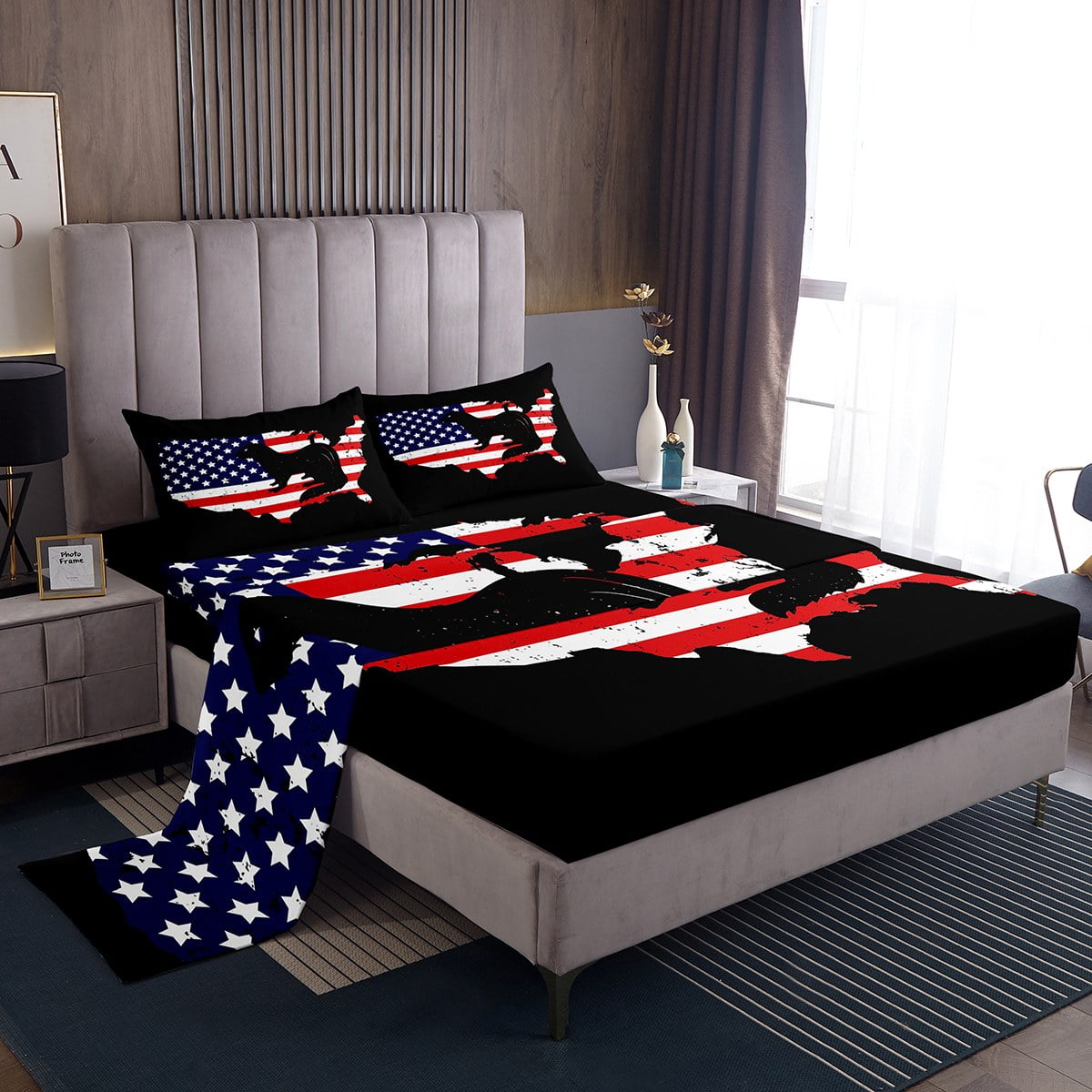 YST Ferret Silhouette Full Sheets American Flag Bed Set, Black Red