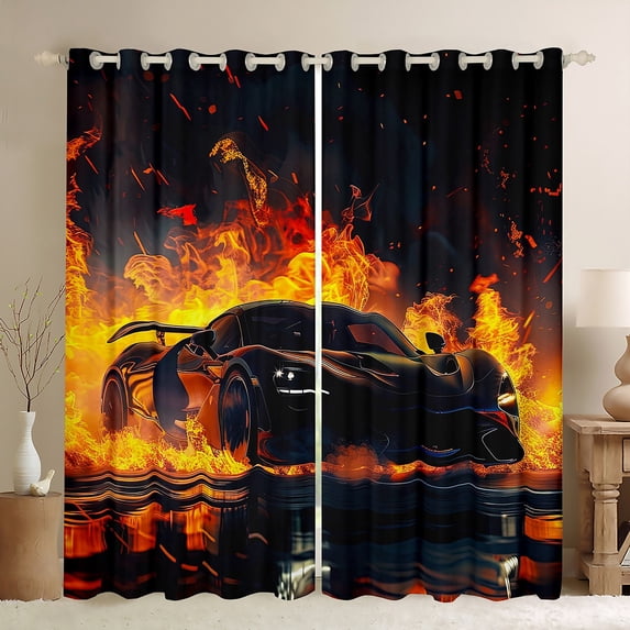 Fire Race Car Curtains & Drapes Speed Sports Car 30%-50% Blackout Curtains 76x54,Extreme Sport Games Curtains Cool Racing Car Black Out Curtains Bedroom Decoration