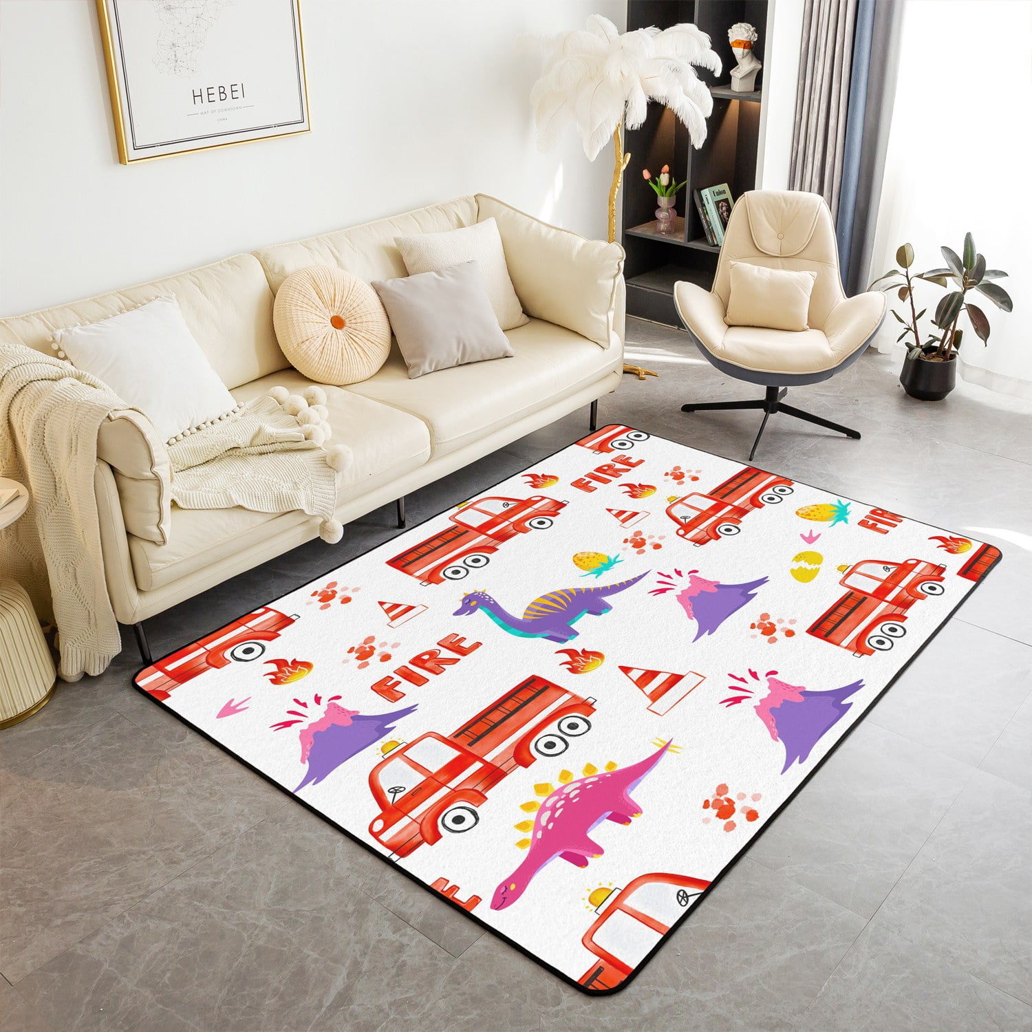 YST Fire Truck Area Rugs 5x7 for Bedside,Kawaii Dino Carpet for Kids
