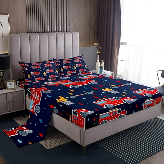 YST Fire Truck Bed Sheets Set 3pcs, Cartoon Bus Cars Twin Size Sheet Sets For Bedroom, Automobile Vehicles Printed Kids Adults Soft Luxury Flat Sheet, Navy Blue Red Fire Microfiber Bedding
