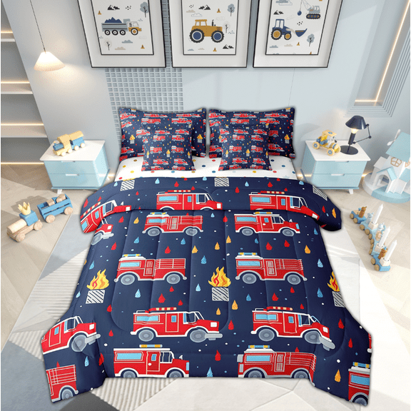 Erosebridal Fire Truck Bedding King Size 7pcs, Cartoon Bus Cars Comforter Set Bed in a Bag, Automobile Vehicles Printed Adults Soft Bedding Comforter Sets, Navy Blue Red Fire Bed Sheets Set