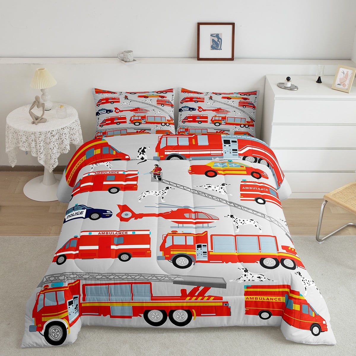 YST Fire Truck Bedding Red Fire Engine Vehicle Comforter Set, Ambulance ...