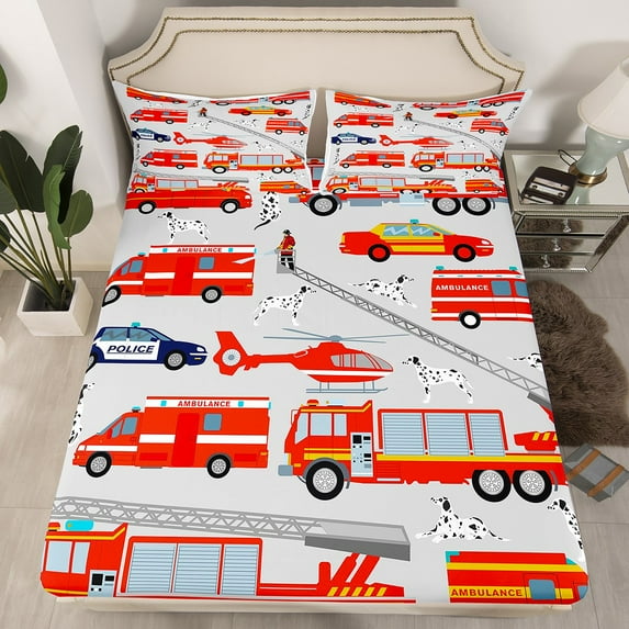 Fire Truck Bedding Set Red Fire Engine Vehicle Bed Sheets, Ambulance Police Car Pattern Fitted Sheet , 1 Fitted Sheet 1 Pillowcase, Twin Size