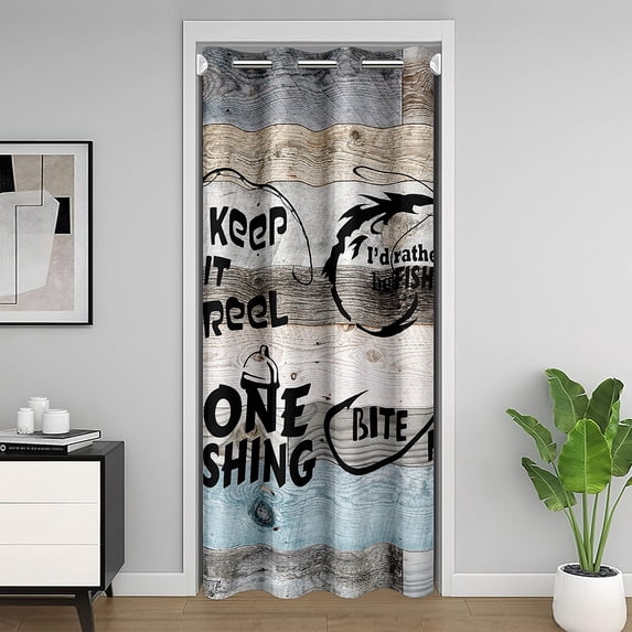 Fish Hook Door Curtain For Doorway Privacy for Lake Lover,Fishing Blackout Curtain 59"W X 80"L,Blue White Wooden Plank Door Drape,Rustic Fishing Door Window Curtain Darkening