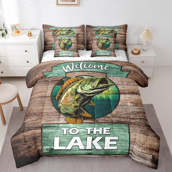 Fishing 7 Pieces Bed In A Bag, Lake House Comforter King, Rustic Farmhouse Camping Fitted Sheet Teen Adult, Retro Vintage Wood Flat Sheet, 2 Pillow Cases, 2 Throw Pillow Covers