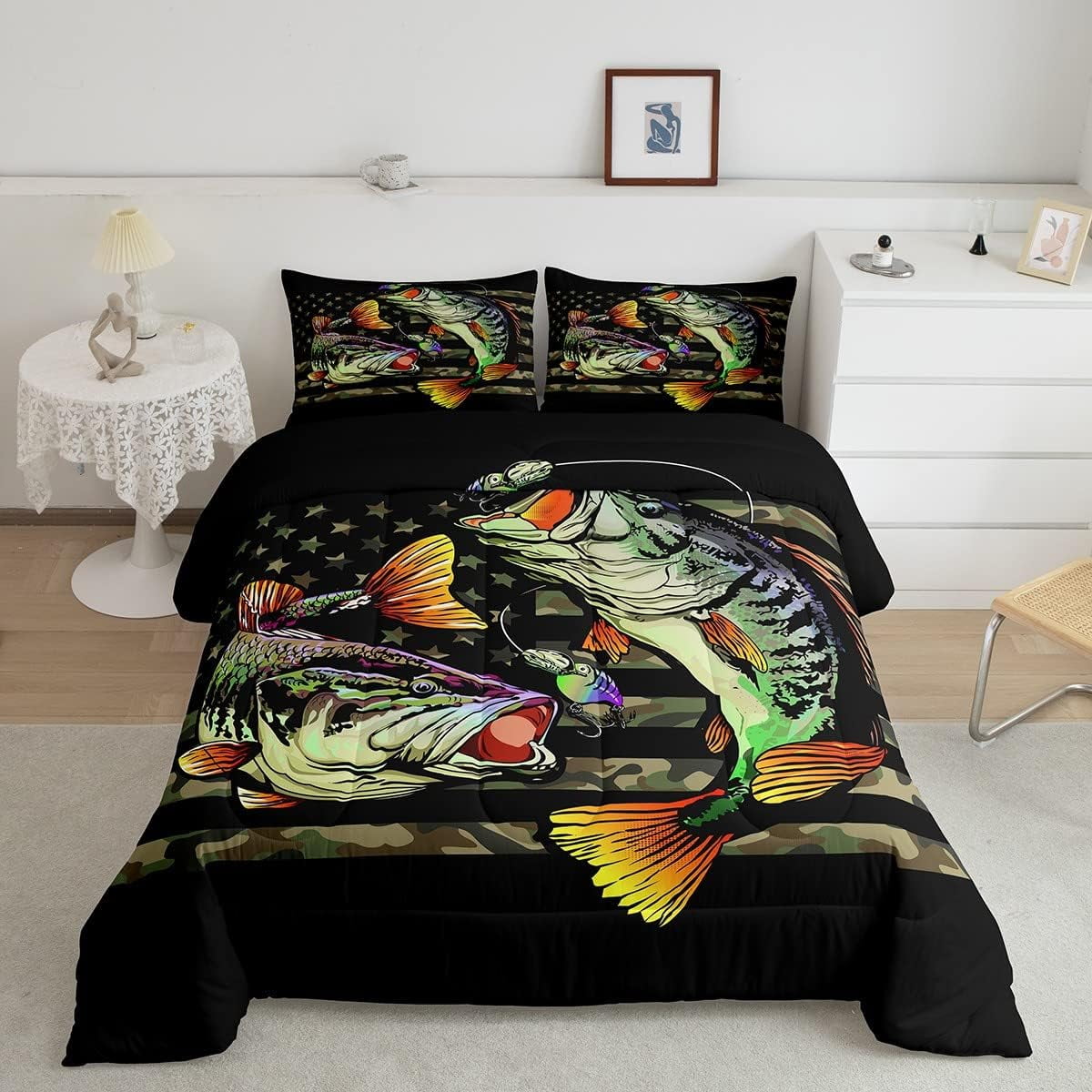 Fishing Comforter Set King Bass Fishing Bedding Women American Flag ...