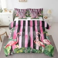 thumbnail image 1 of Flamingo 7 Pcs Comforter Set Queen,Tropical Bedding Palm Tree Leaf Fitted Sheet Women Teens,Pink and Black Geometric Striped Down Comforter,Pink Animal Reversible Top Sheet, 1 of 5
