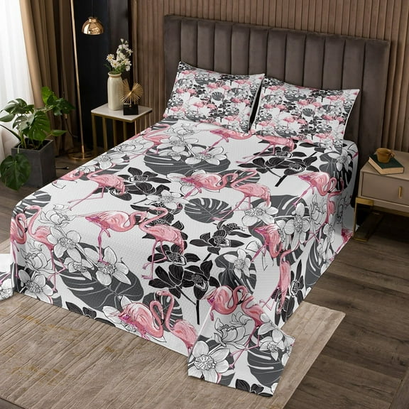 Erosebridal Flamingo Bedspread Queen Women Rustic Botanical Flowers Print Quilt Set Pink Flamingo Coverlet Set for Teens Romantic Theme Bed Set 3 Pcs Flamingo Decor Bedding