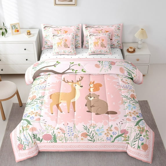 Erosebridal Floral Animal Bedding Set 7Pcs - Cute Sika Deer Squirrel Comforter Set Queen Size for Teen Woodland Animal Comforter with 2 Sheets,2 Pillowcases,2 Throw Pillow Covers
