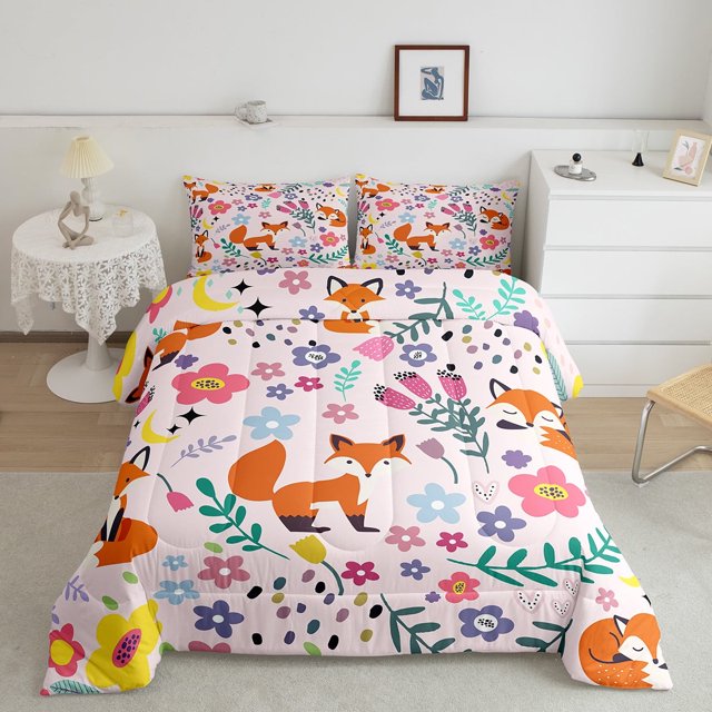 YST Floral Fox Comforter Twin Size,Pink Fox Comforter Set for Kids