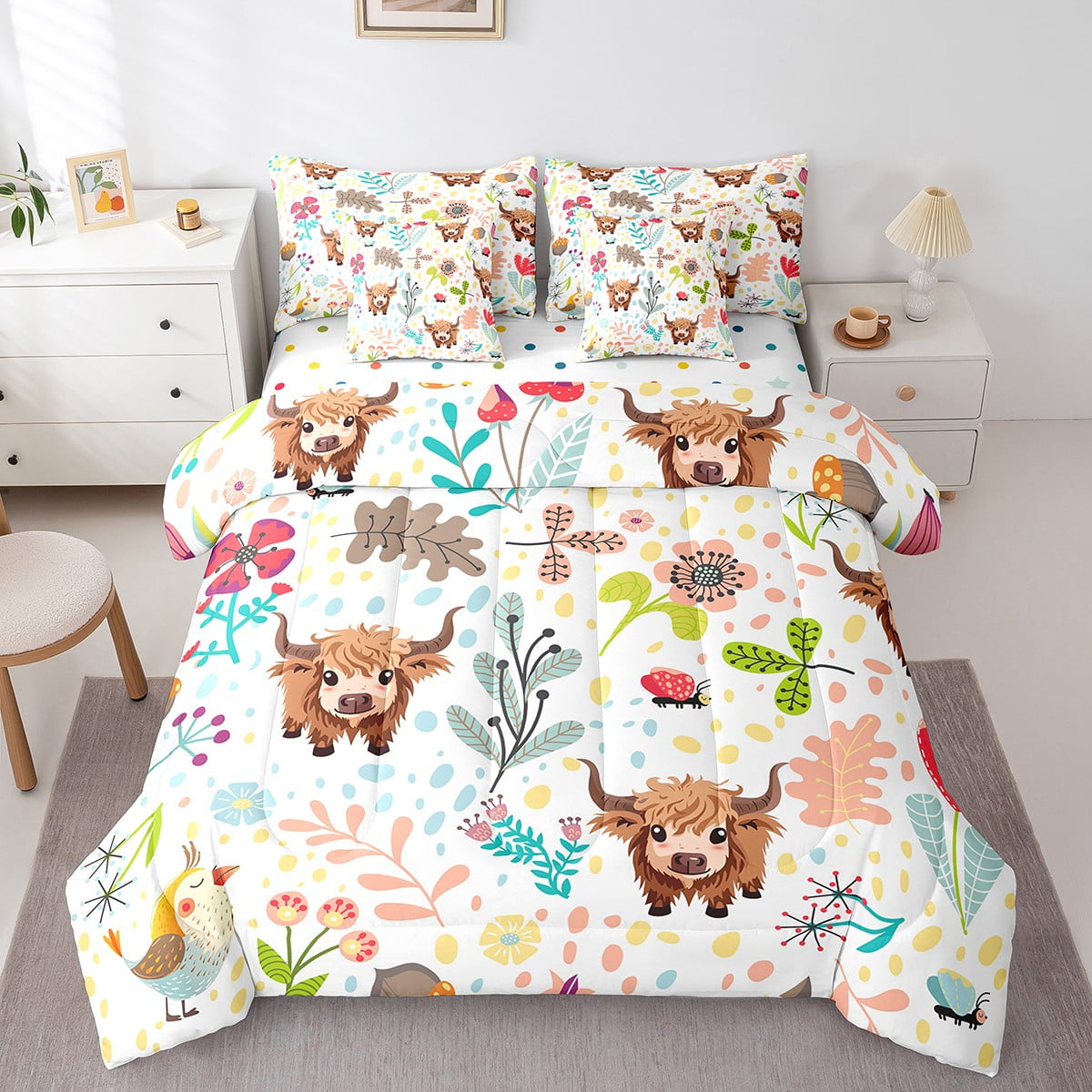 YST Floral Highland Cow Comforter Set With Sheets For Kids Full 7 Piece ...