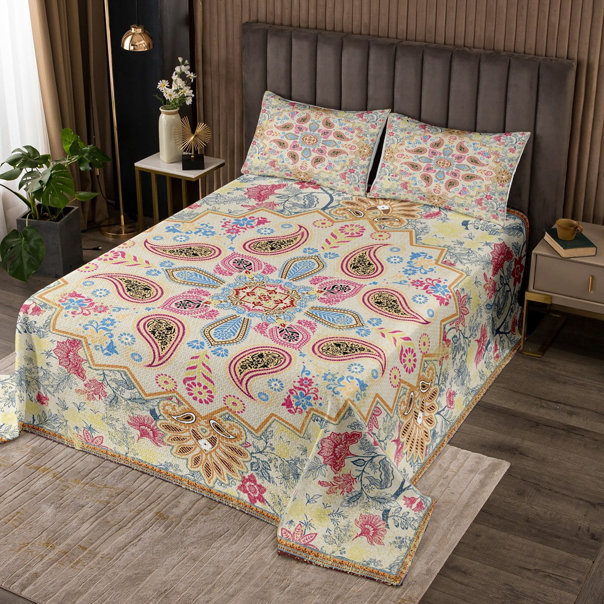 YST Floral Quilt Set Twin Boho Vintage Bedspread Set Pink Blue Yellow ...