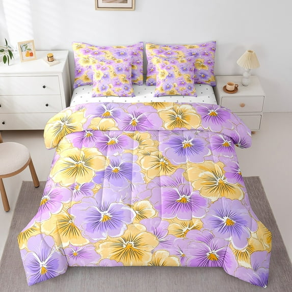 Flower Bedding Set Queen Size 7 Piece Bed In A Bag,Kawaii Floral Comforter Sets Rustic Farmhouse Sheet Set Purple Yellow Soft Microfiber Bedding Comforter Sets Women