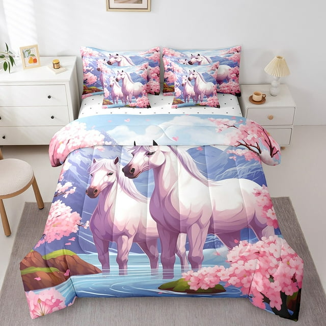 YST Flower Horse Comforter Set Queen 7 Piece Girls Pink Cherry Blossom