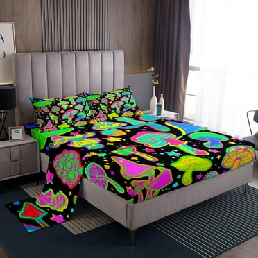 Erosebridal Fluorescent Green Bed Sheets Set Glowing Mushroom Twin Size Sheet Sets, Psychedelic Galaxy Sheets Rainbow Stars Bed Set, Orange Pink Wild Fungus Flat Sheet Black 3 Piece