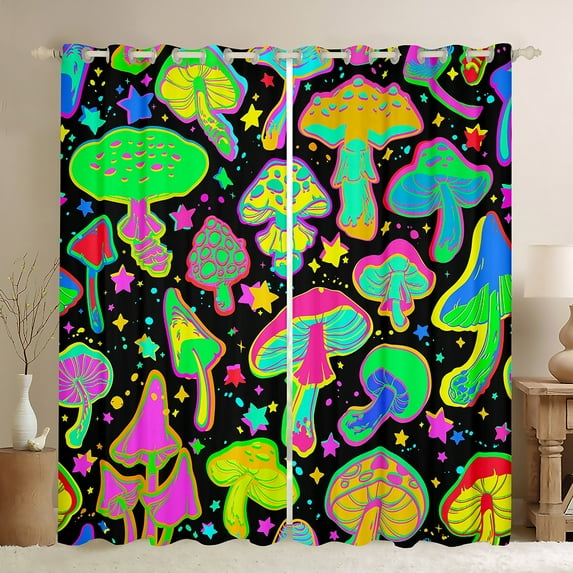 Erosebridal Fluorescent Green Blackout Curtains Glowing Mushroom Curtains & Drapes, Psychedelic Galaxy Curtains Rainbow Stars Black Out Curtains, Orange Pink Wild Fungus Window Drapes Black