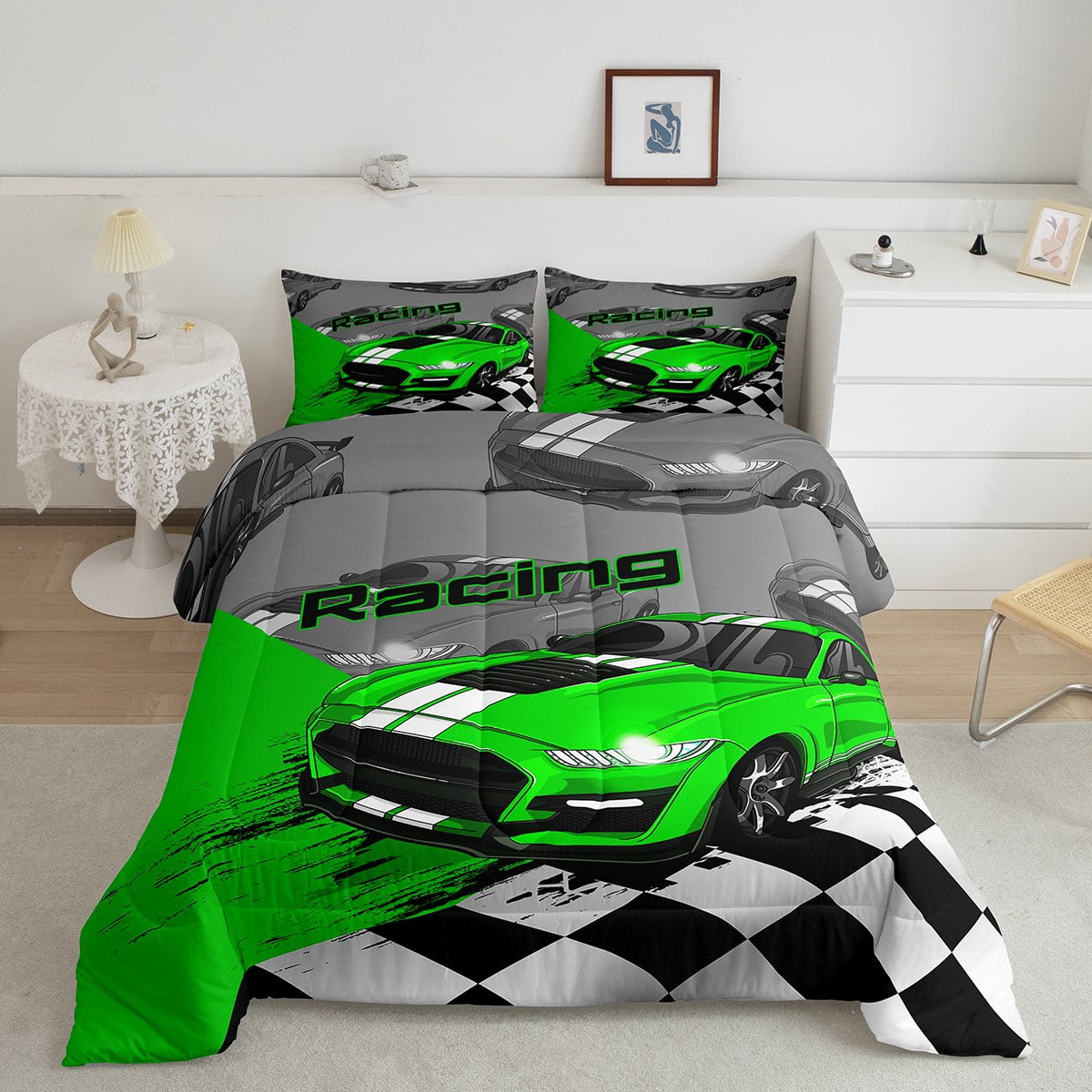 YST Fluorescent Green Sports Car Bedding Comforter Sets Kids Race Car Comforter Set Extreme Cool