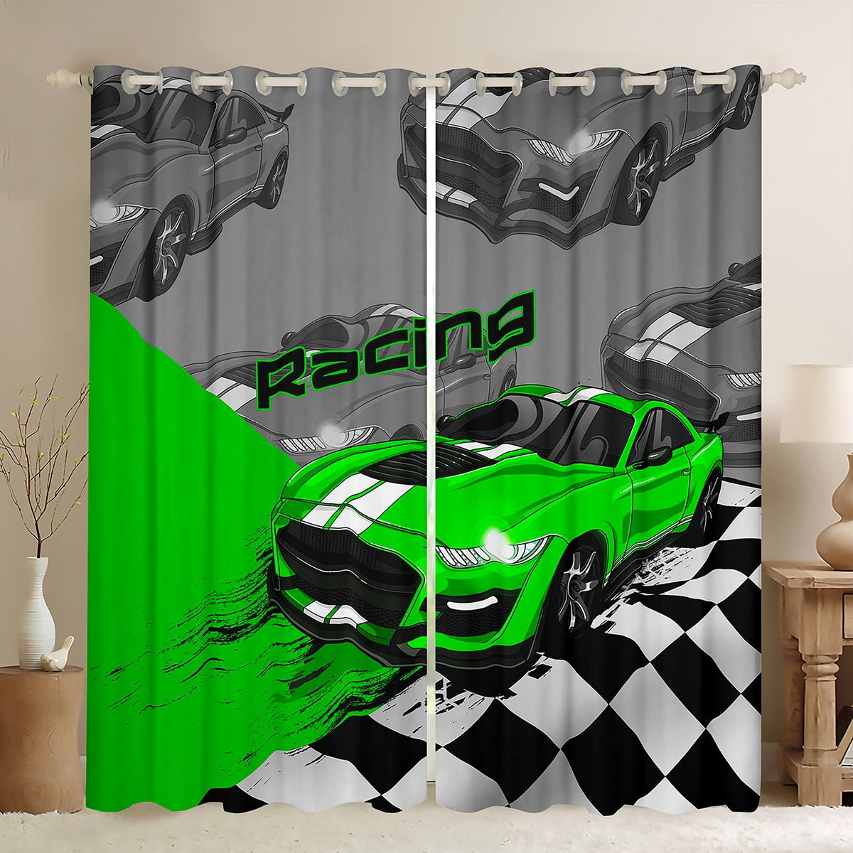 YST Fluorescent Green Sports Car Curtains & Drapes Kids Race Car