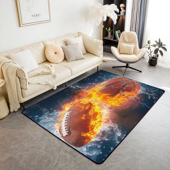 Erosebridal Football Area Rug ,Basketball Carpet 5x7 for Bedside,Sports Fire and Ice Rug for Bedroom Doorway,Rugby Soccer Ball Game Sport Theme Accent Rug Set for Living Room Non Slip