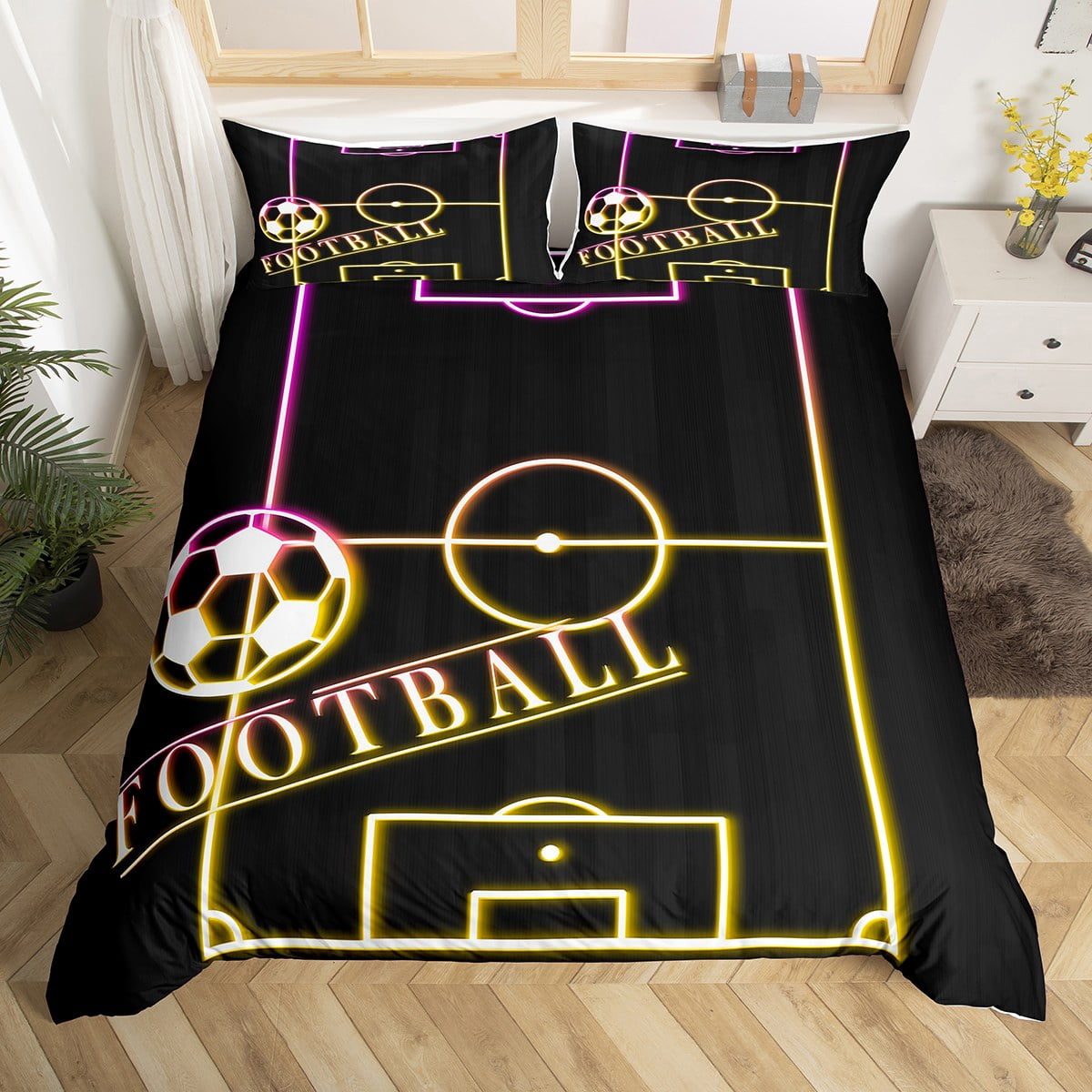 YST Football Comforter Cover for Boys Sport Bed Set, Rainbow Neon Light