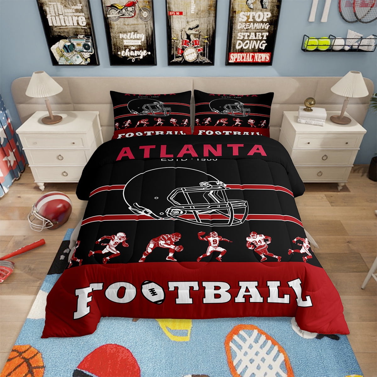 Football Sports Comforter Set - Full Size, Soccer Ball Design, 3-Piece Bedding (Grey/Black) - View #6