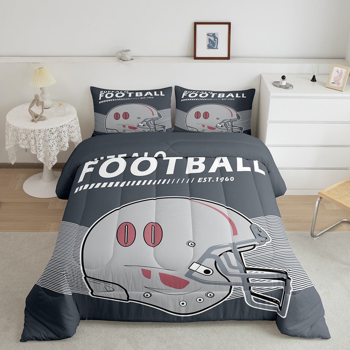 American Football Comforter Set Full Size - Brown Geometric Print, 3-Piece Bedding With 2 Pillowcases