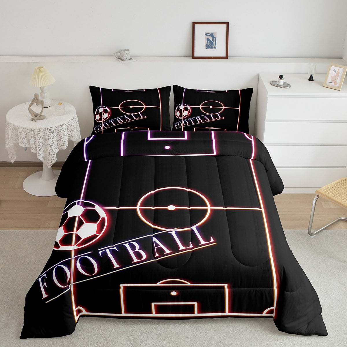 YST Football Comforter Set Queen Sport Bedding Set, Glowing Soccer
