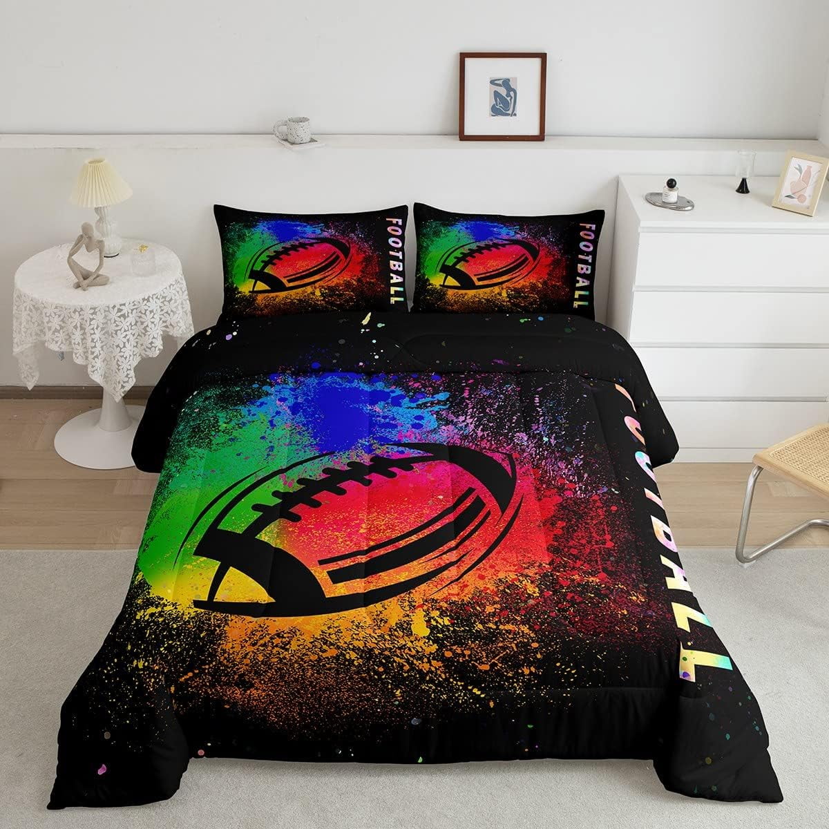 Erosebridal Football Comforter Set For Kids – Hand Drawn American Football Duvet With Pillowcase | Colorful Tie-Dyed Sports Bedding Twin/Full/Queen/King