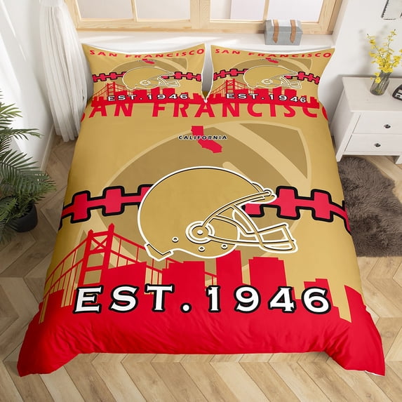 Football Duvet Cover Queen,Football Bedding Set ,American Football Comforter Cover,Football City Bed Sets with 2 Pillow Shams,Red Yellow(San Francisco)