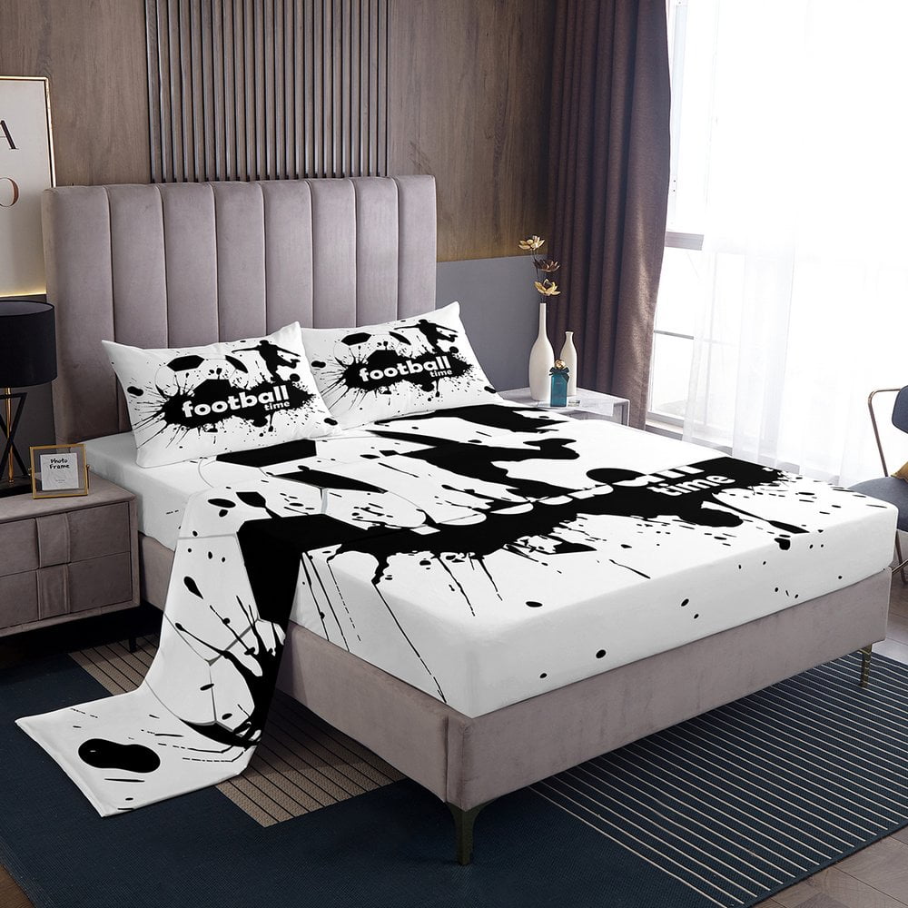 YST Football Print Bed Set Boys Teen Sports Theme Bed Sheets Set, White