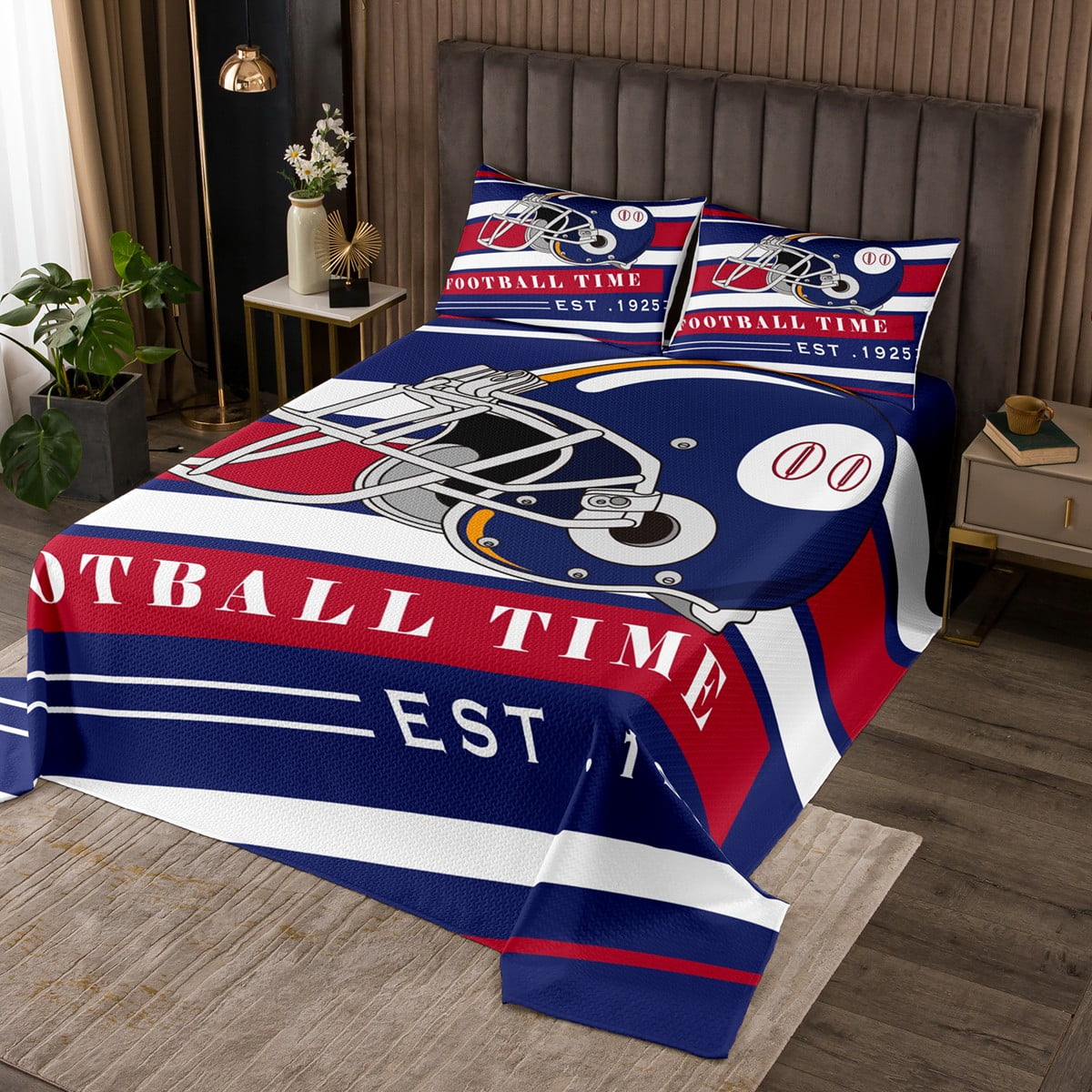 YST Football Quilt Set Twin Size for Boys Men,Blue Red Geometric