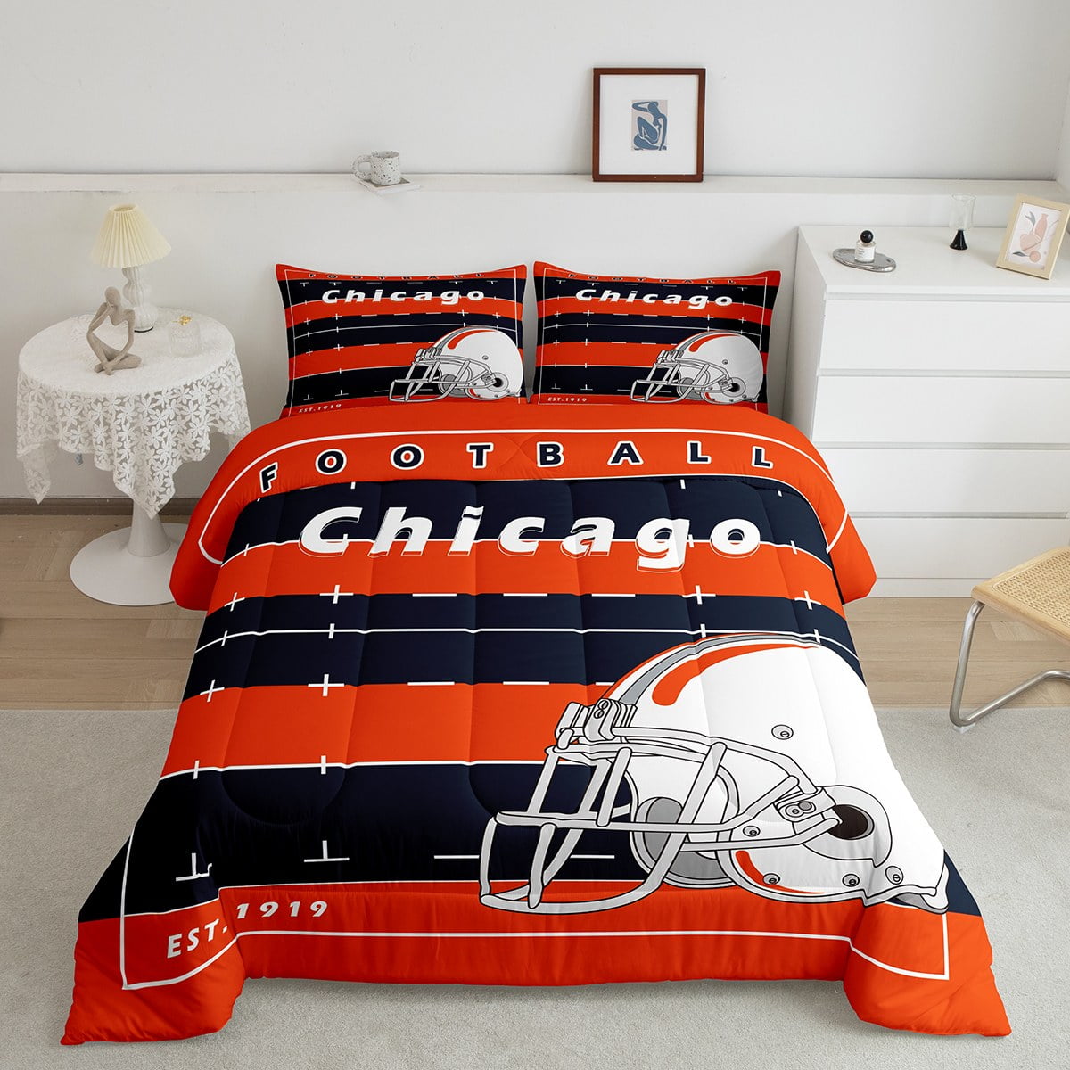 Erosebridal Football Bettwäsche-Set Queen Size – 7-teilig, American Football Design, Grün/blau