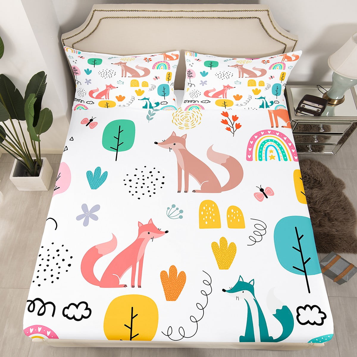 YST Fox Bed Sheets Twin Size Cartoon Animal Woodland Foxes Bedding for Toddler Kids Rainbow Cloud Fitted Sheet Boys Girls Plants Leaves Printed Sheets Colorful 1 Fitted Sheet 1 Pillowcase Walmart