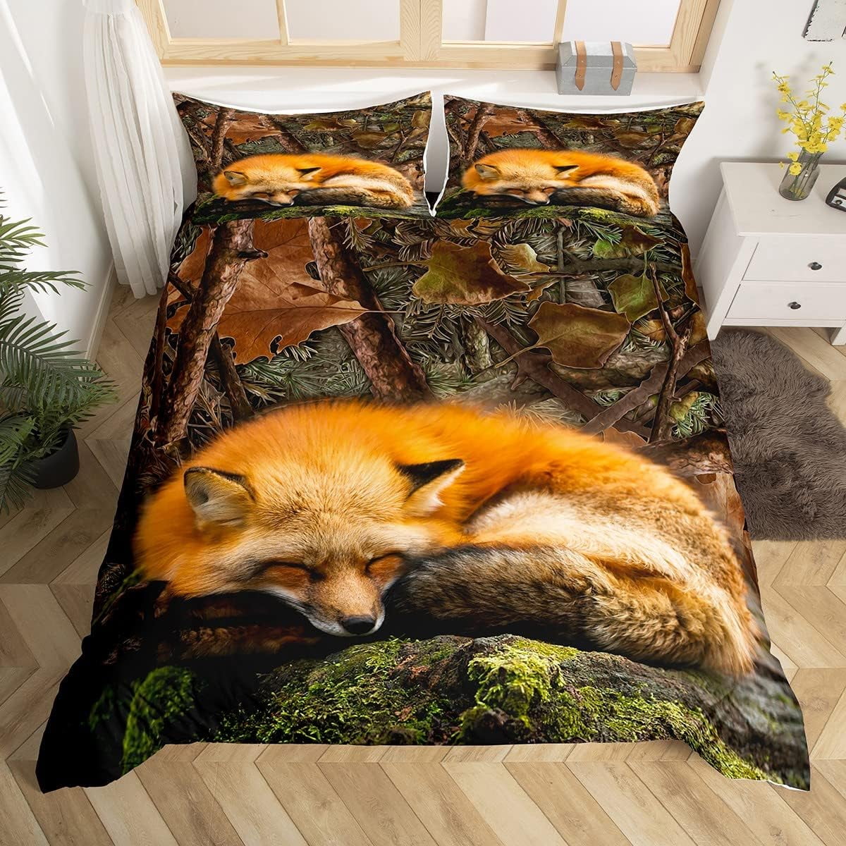 YST Fox Duvet Cover Queen,Tree Branch Camo Bedding Set Jungle Wild