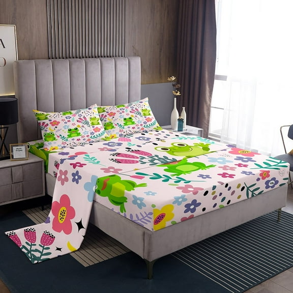 Frog Bed Sheets Set ,Cartoon Reptile Animal Sheet Set Full Size,Kawaii Frog Sheets,Botanical Floral Leaves Tulip Garden Flat Fitted Sheet with 2 Pillowcases