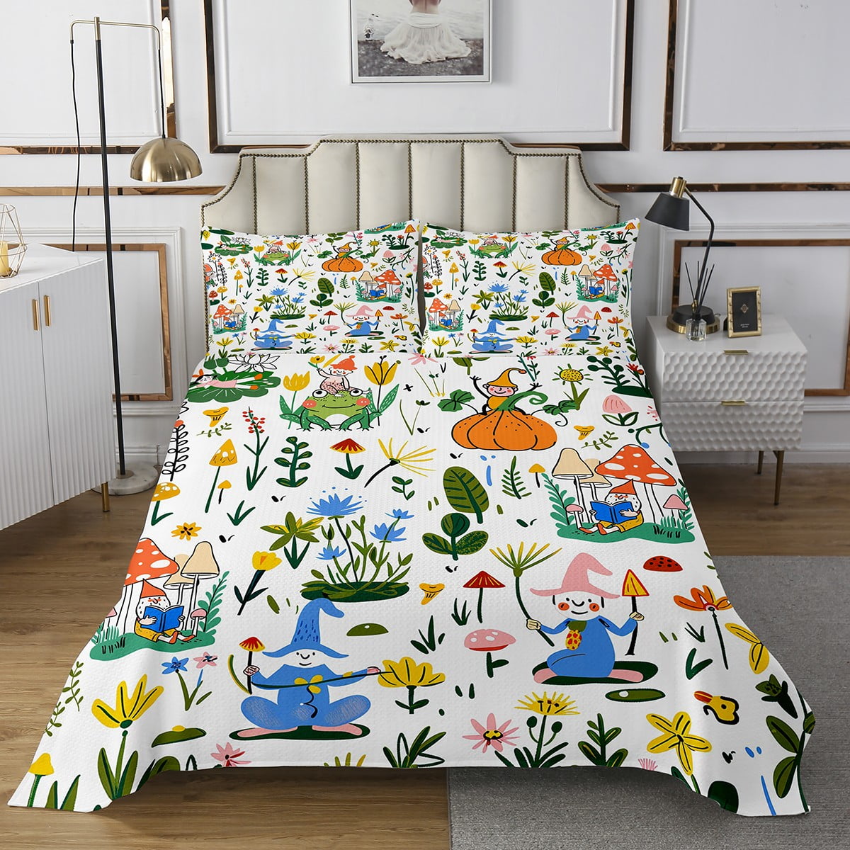 YST Frog Bedding Set Queen Size,Summer Botanical Flowers Mushroom Bedspread Set for Kids Child ...