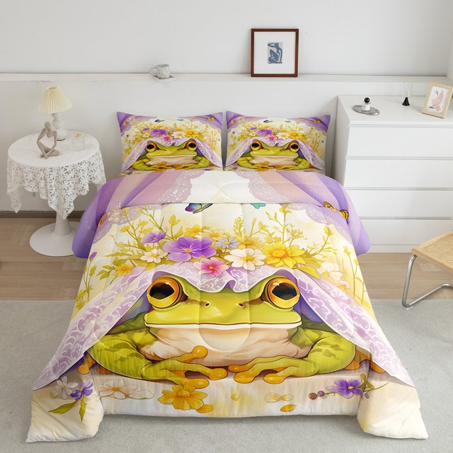 YST Frog Comforter Set,Tropical Leaves Floral Frog Comforter Twin Size