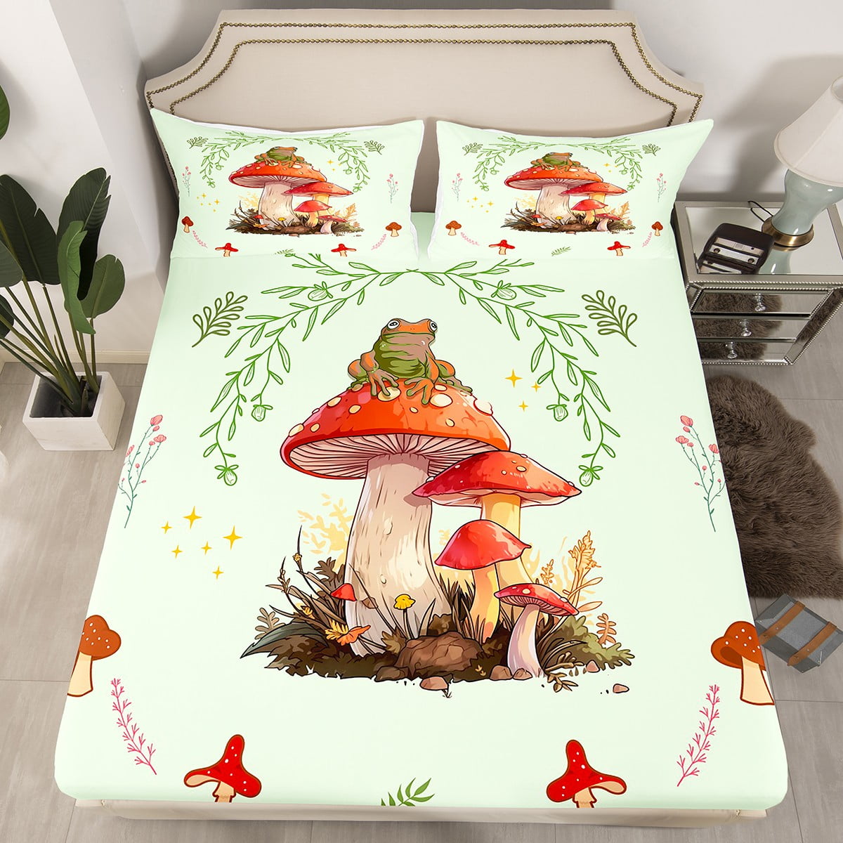 YST Frog Print Fitted Sheet Full Size,Kids Kawaii Mushroom Bed Sheets