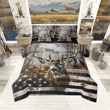 Full Comforter Set 7 Piece Deer American Flag Bed In A Bag Woodland Hunting Deer Elk Bedding Set With Sheet Set And Pillow Covers Adults,Reversible Black Bed Set